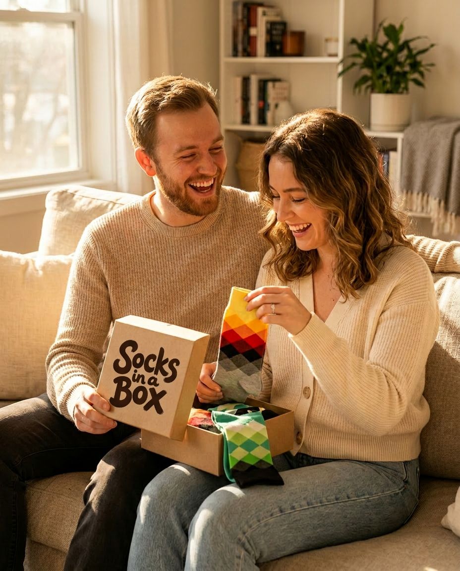A couple laughing while opening a Diamonds Socks in a Box gift