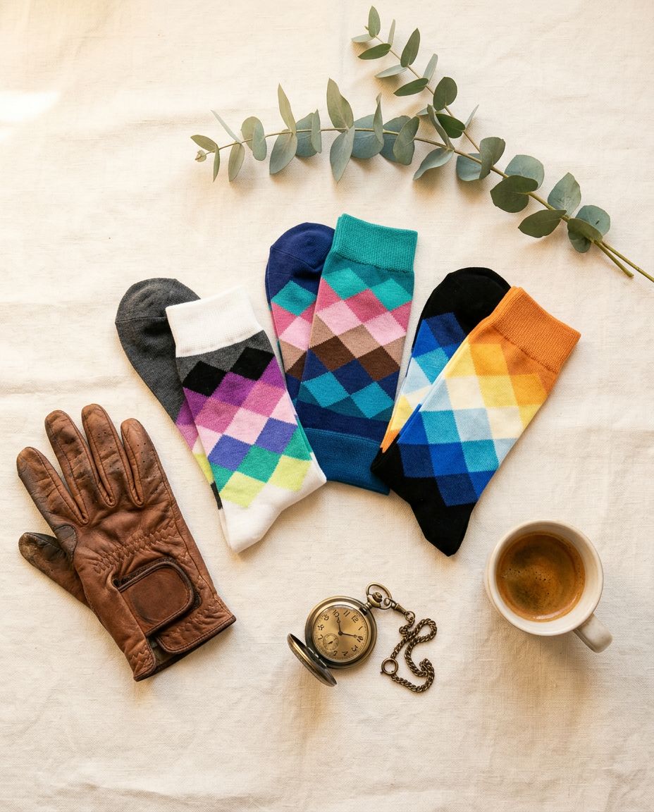 Diamond argyle socks flat lay with leather glove and pocket watch