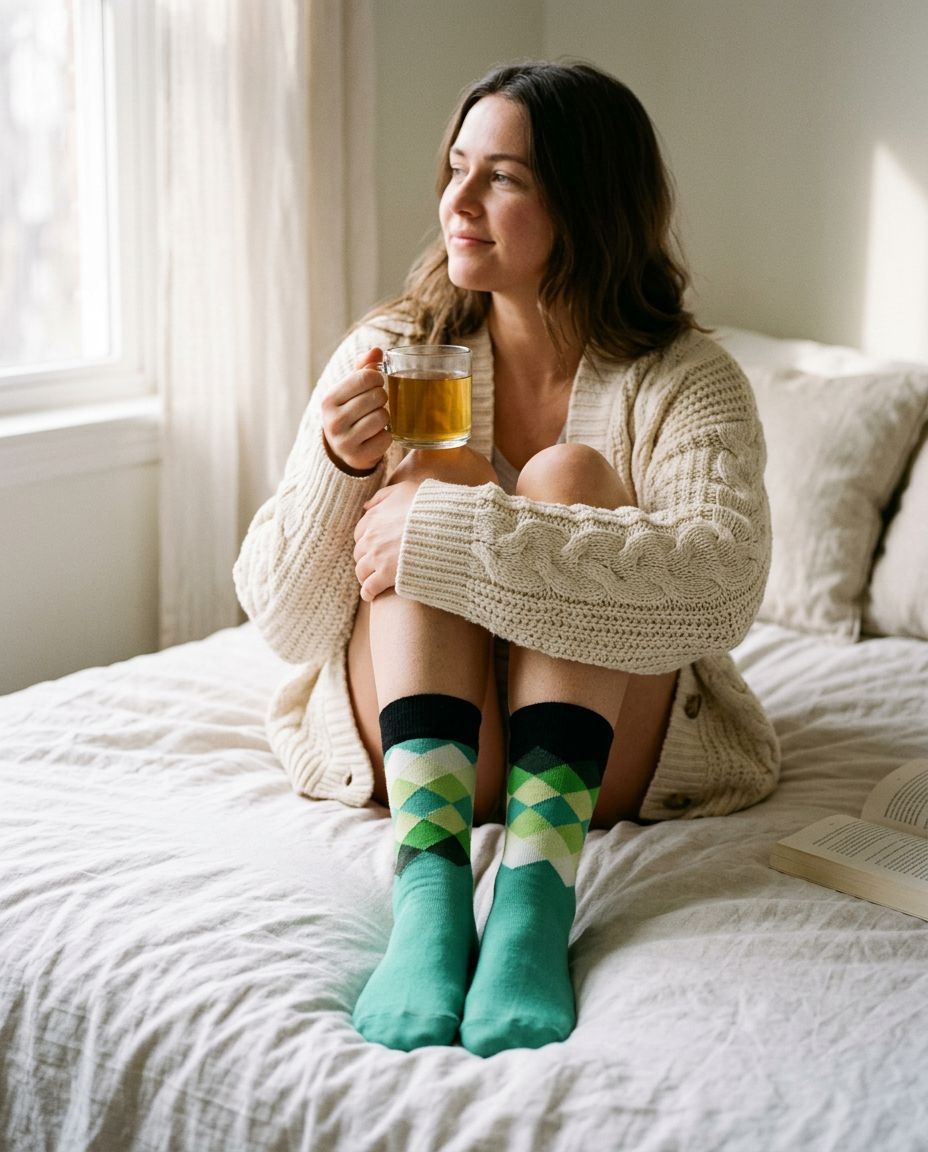 Woman in a cream cardigan on a linen bed wearing green diamond argyle socks