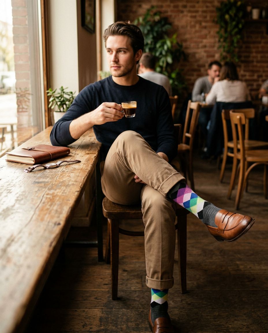 Man at a cafe table wearing purple and green diamond argyle socks with brown loafers