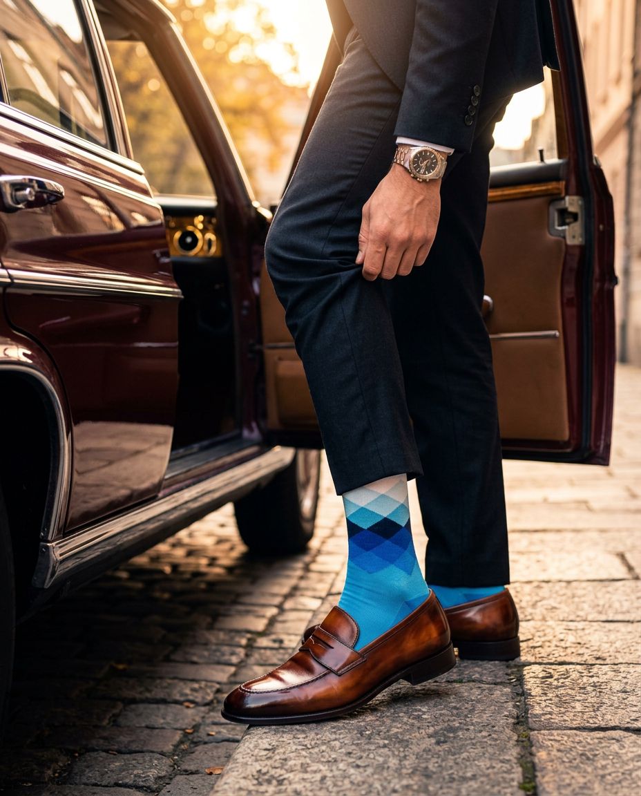 Man stepping out of a vintage car wearing blue diamond argyle socks with leather loafers