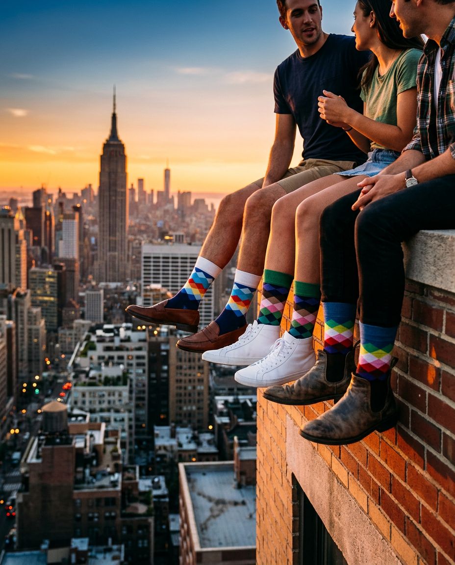 Three friends on a city rooftop at sunset wearing different diamond argyle socks