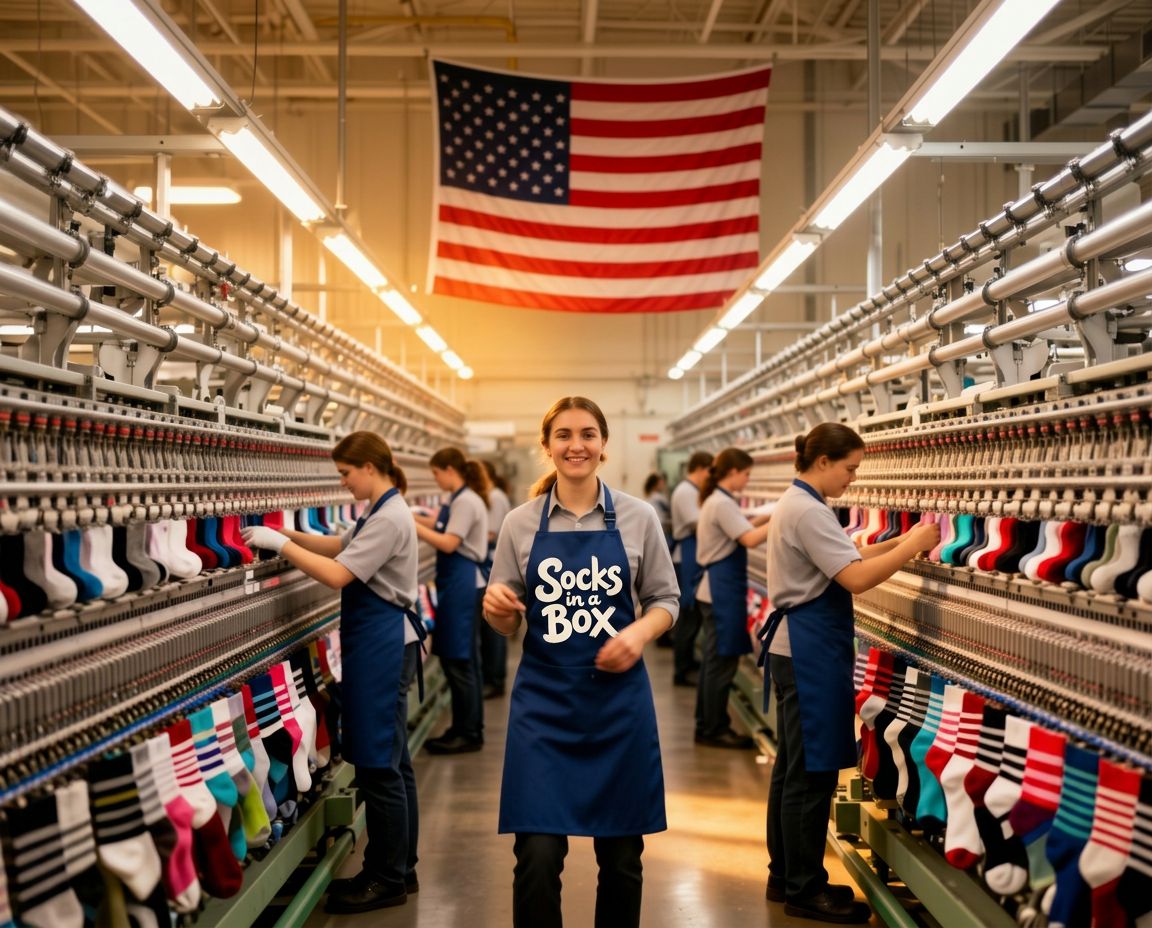 Modern American sock manufacturing factory floor with industrial knitting machines, workers in branded blue aprons, and a large American flag hanging on the back wall