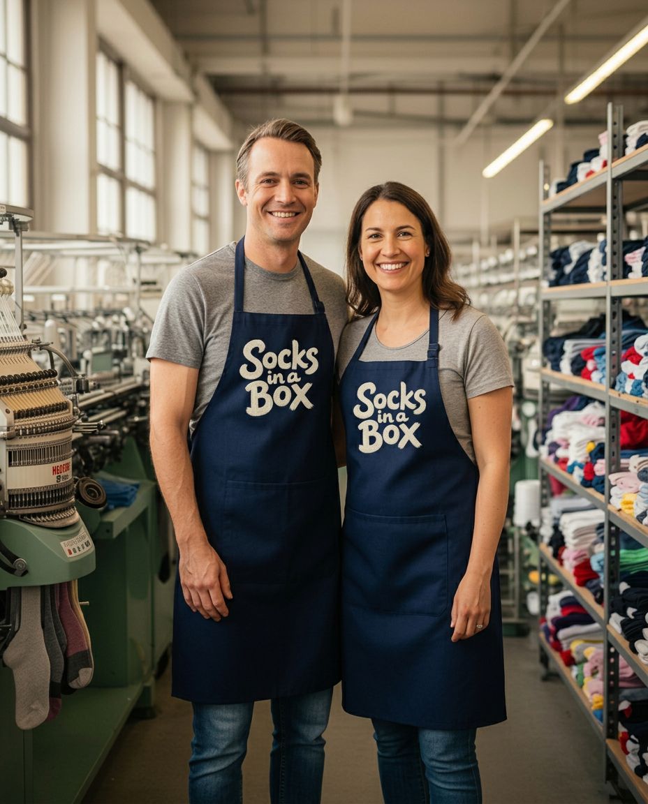 Founders John and Mary Sullivan smiling on the floor of their North Carolina sock factory, surrounded by knitting machines and shelves of folded socks