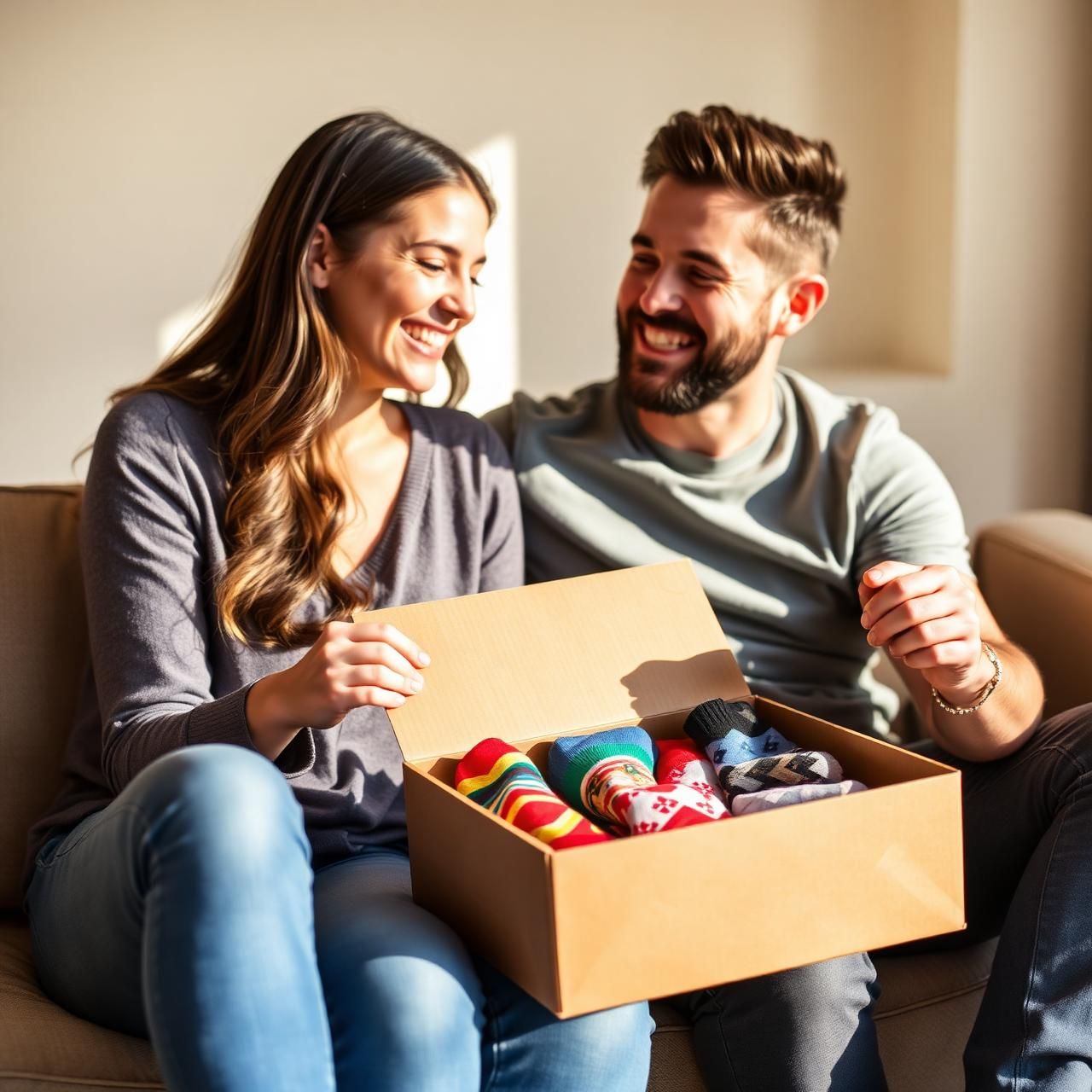 A couple laughing while opening a Funky Socks in a Box gift