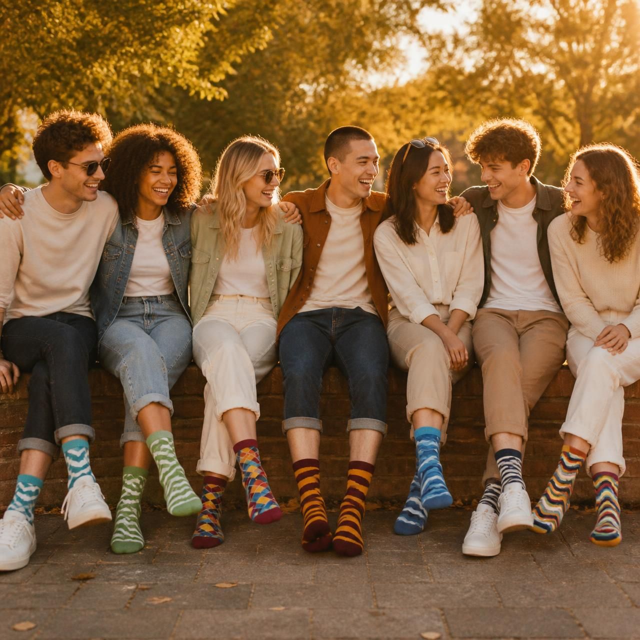 Group of friends sitting on a wall showing off all 7 funky sock designs