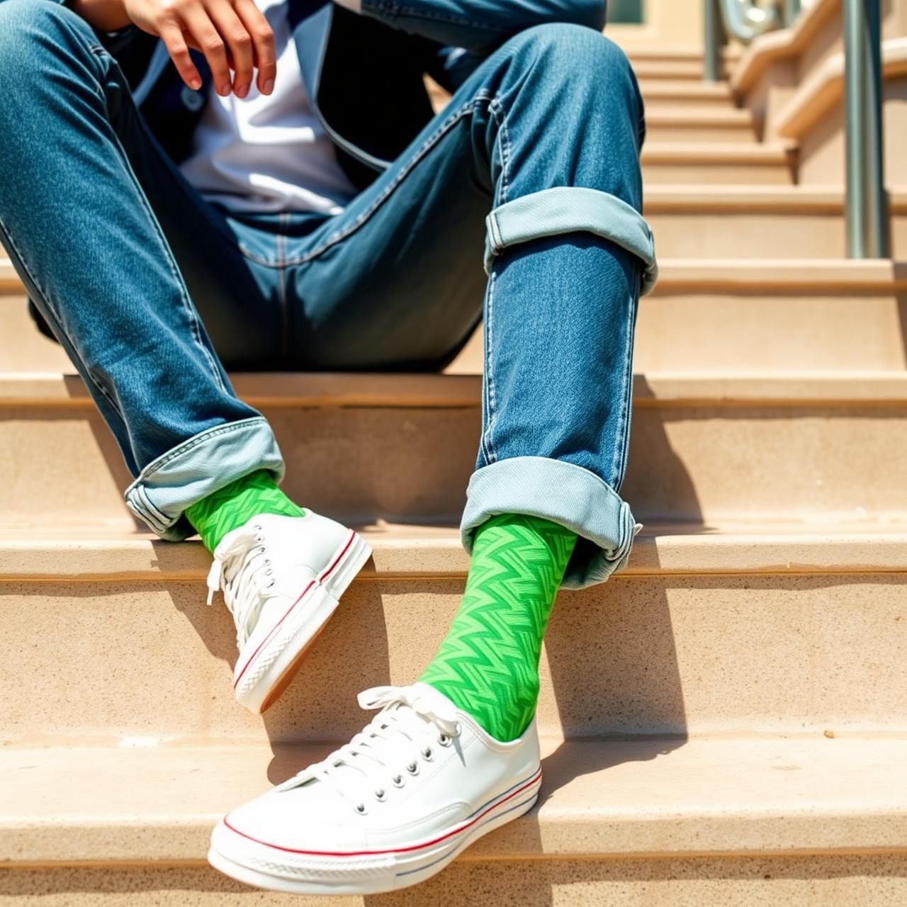 Person wearing bright green zigzag funky socks with white sneakers on stairs