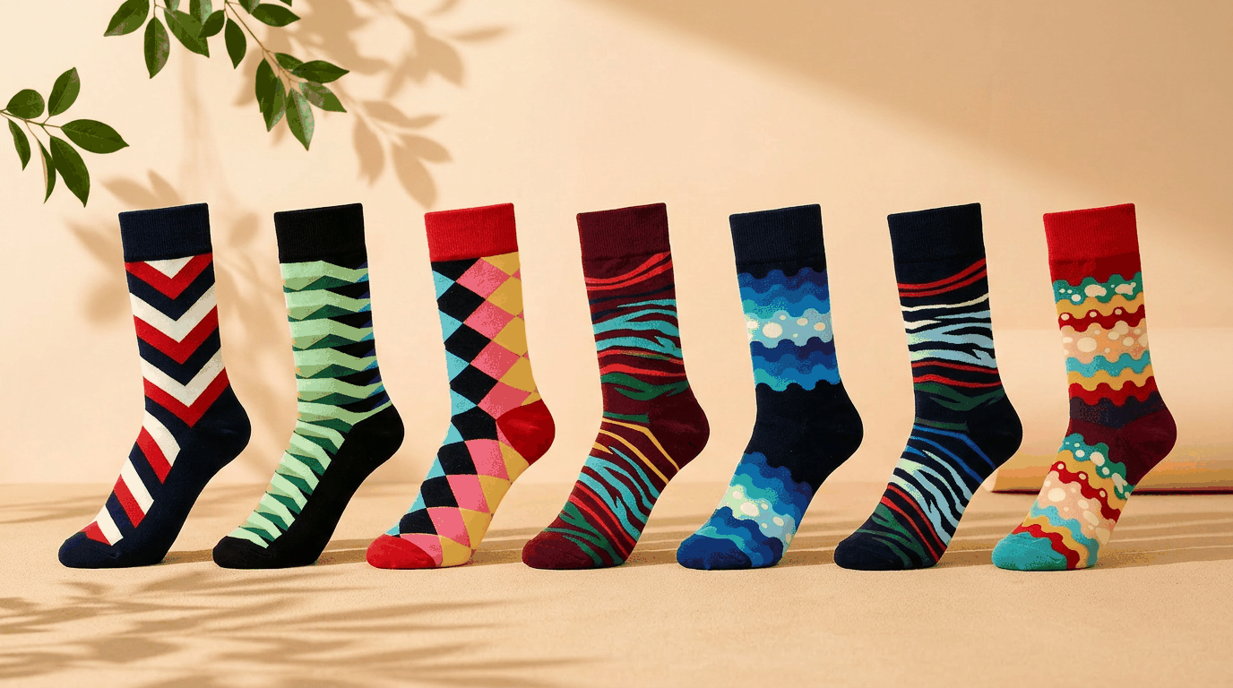 Funky Socks Box lineup of seven bold patterned pairs