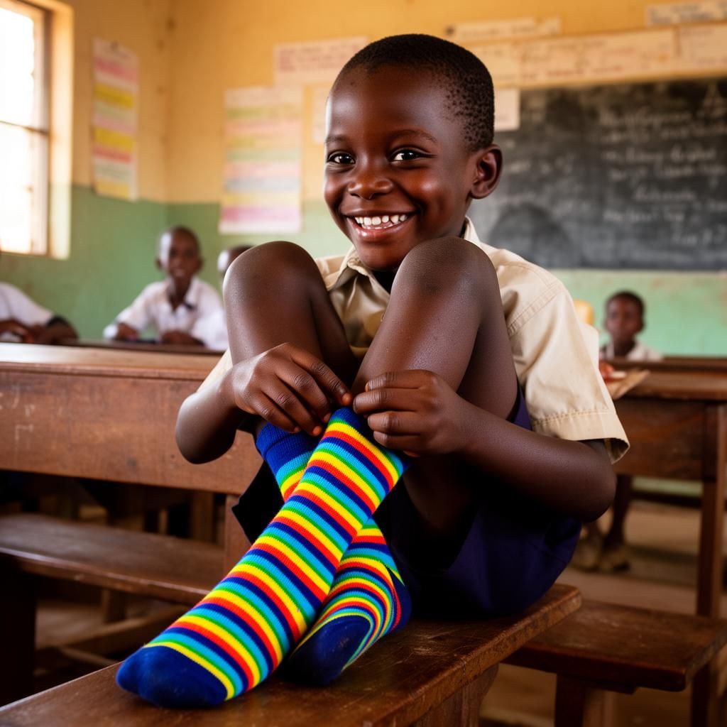 A boy in school uniform smiling huge while putting on a brand new pair of bright rainbow striped socks in a classroom