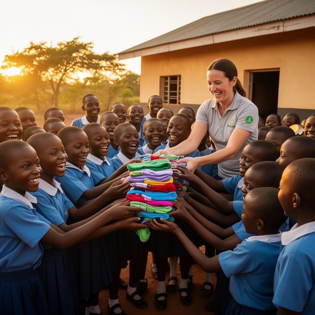 Schoolchildren in uniform receiving a stack of folded colorful socks from a volunteer at golden hour