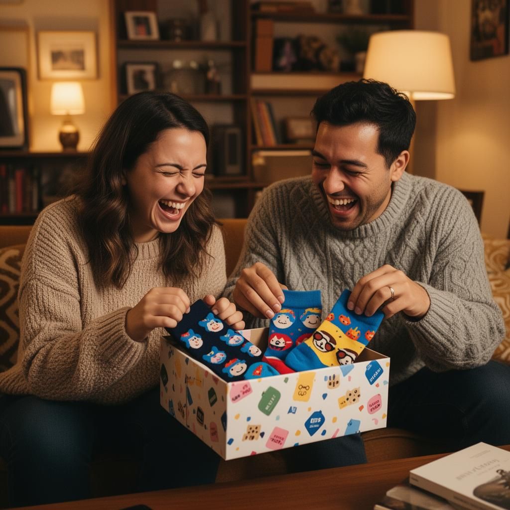 Friends laughing while opening a gift box of socks
