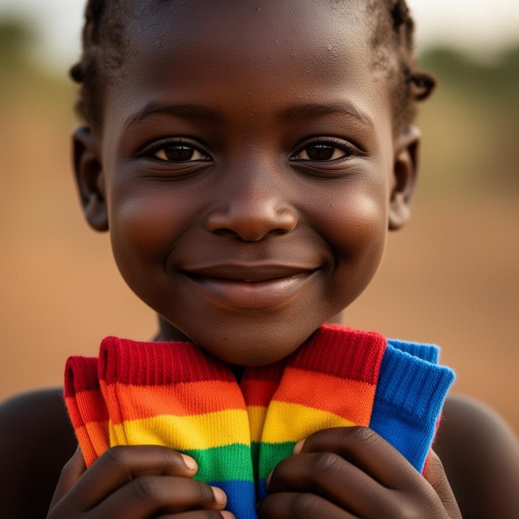 Close-up portrait of a young girl gently holding a folded pair of rainbow striped socks to her chest