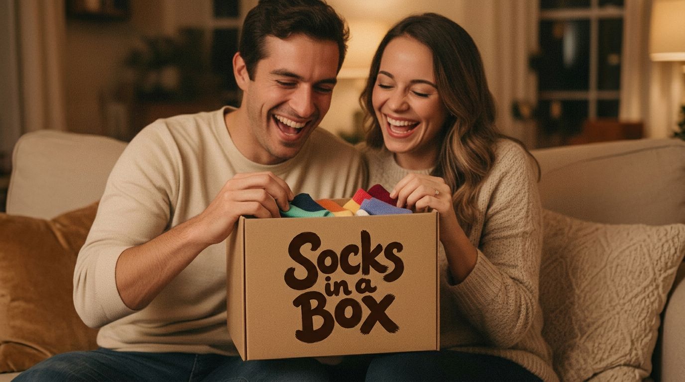 A couple laughing while opening a Socks in a Box gift