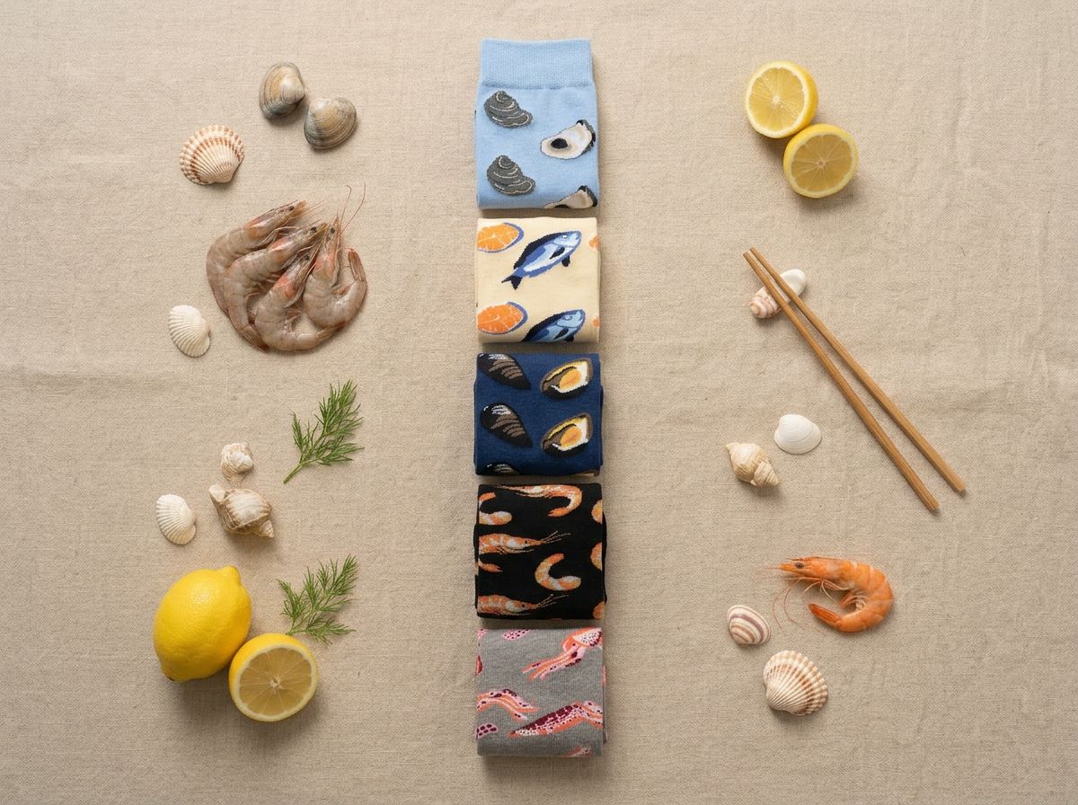 Seafood socks with shrimp, lemon and chopsticks flat lay