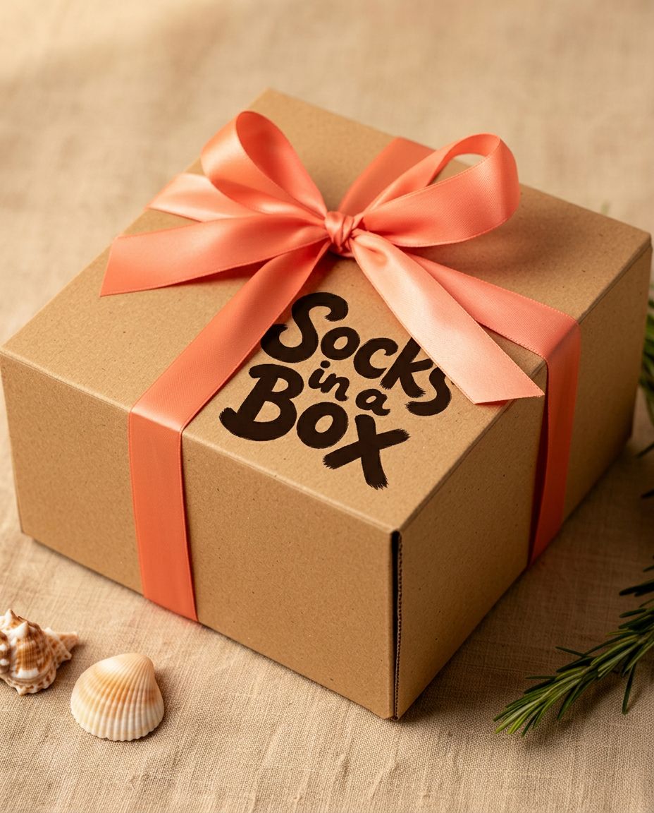 Socks in a Box with a coral ribbon, gift-ready