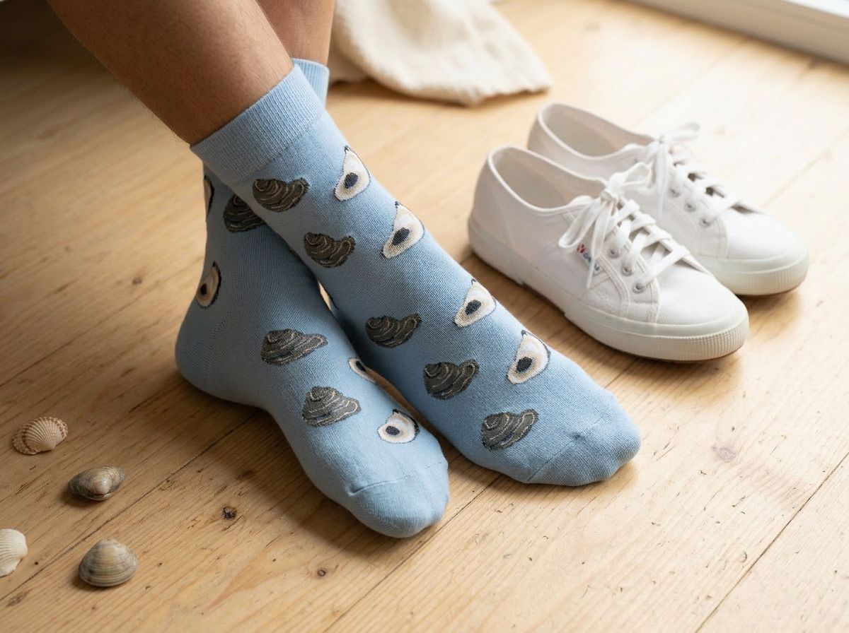 Person wearing seafood socks with sneakers