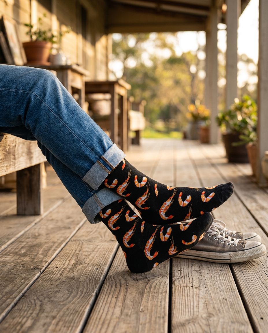 Man wearing shrimp & tuna socks on a porch