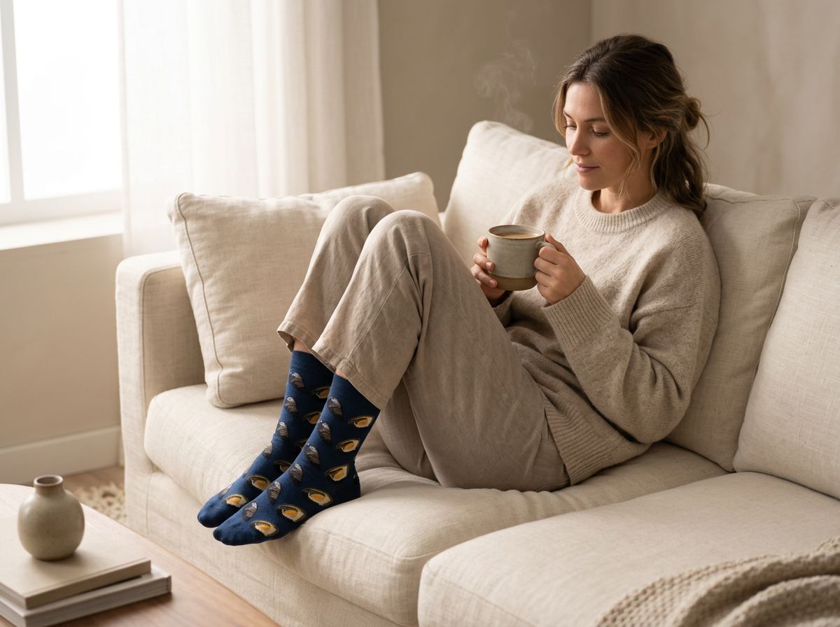 Woman with mussel and oyster socks on a sofa
