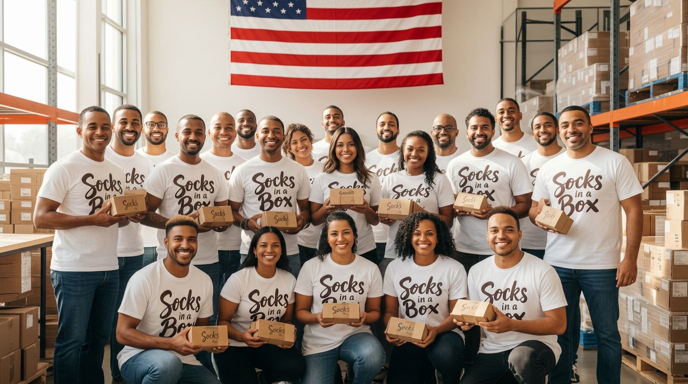 Diverse Socks in a Box team of around twenty people gathered together in a sunny warehouse holding kraft cardboard sock boxes with a large American flag in the background
